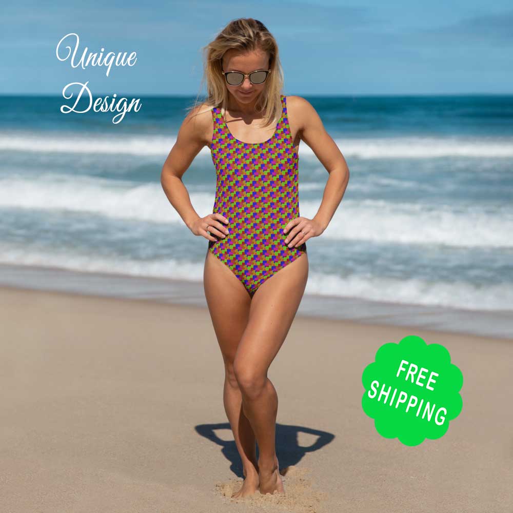 Multicolor zig zag pattern One-Piece Swimsuit, Beach wear, Patterned swimsuit, Modern Swimwear